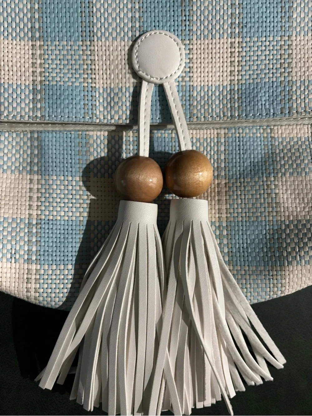 Anthropologie Light Blue and White Check Tassel Clutch with Wooden Beads
